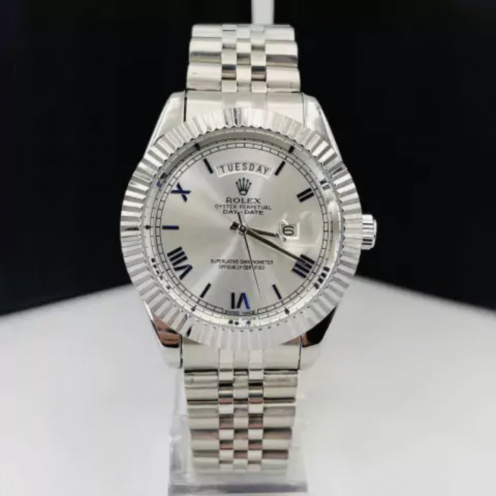 Diamante Day Date número Romano - prata e azul - Pulseira de aço - À PROVA D'ÁGUA - cod90