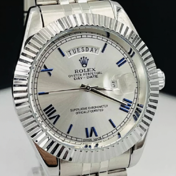Diamante Day Date número Romano - prata e azul - Pulseira de aço - À PROVA D'ÁGUA - cod90 - Imagem 5