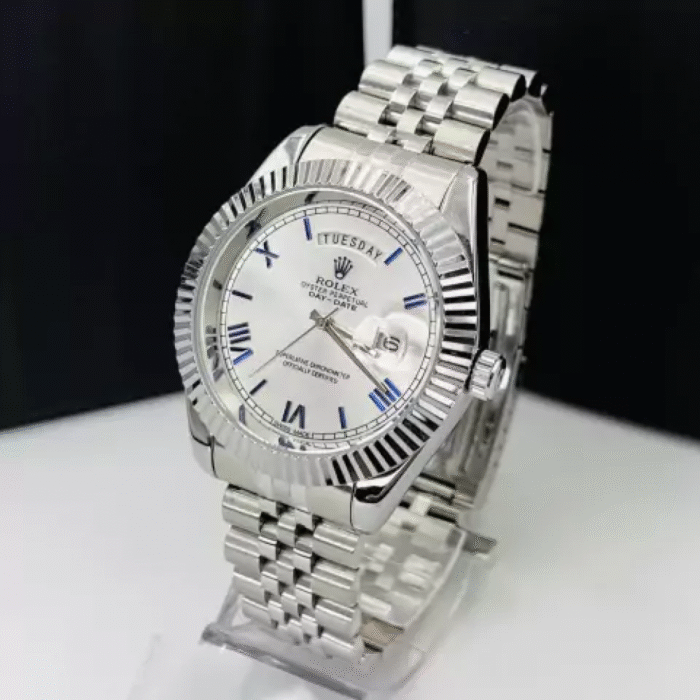 Diamante Day Date número Romano - prata e azul - Pulseira de aço - À PROVA D'ÁGUA - cod90 - Imagem 4