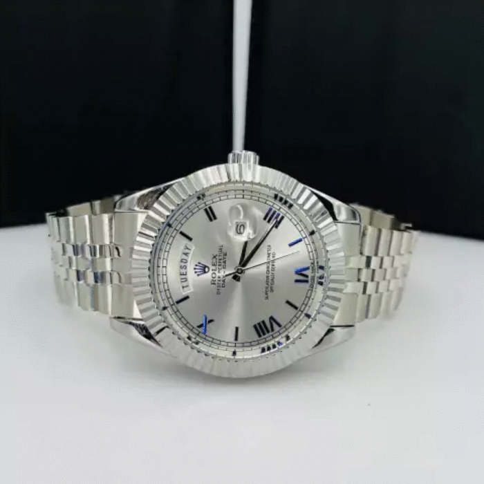 Diamante Day Date número Romano - prata e azul - Pulseira de aço - À PROVA D'ÁGUA - cod90 - Imagem 3