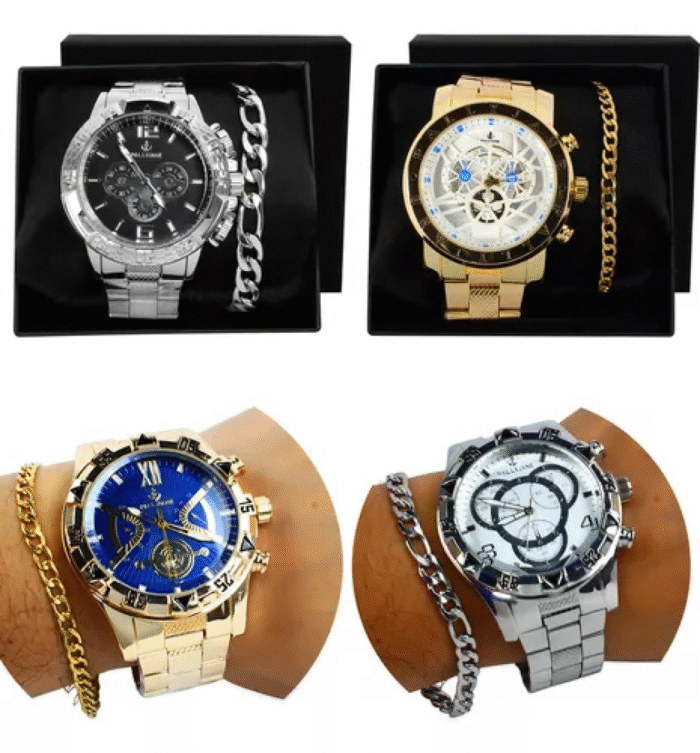 Kit 4 Relógio Masculino Grande Pulseira Caixa Atacado Cor da correia Dourado/Prata +15 Kits Disponíveis. - Imagem 6