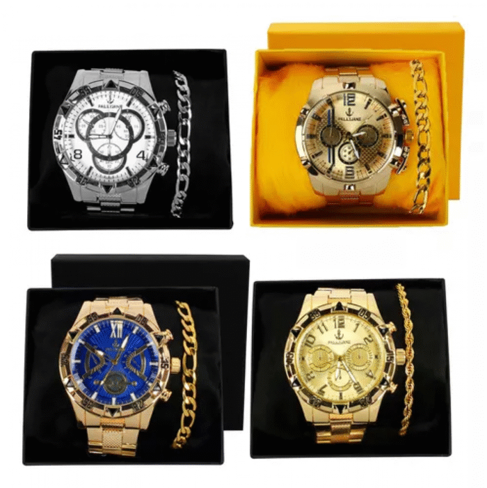 Kit 4 Relógio Masculino Grande Pulseira Caixa Atacado Cor da correia Dourado/Prata +15 Kits Disponíveis. - Imagem 5