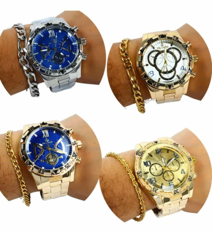Kit 4 Relógio Masculino Grande Pulseira Caixa Atacado Cor da correia Dourado/Prata +15 Kits Disponíveis. - Imagem 7