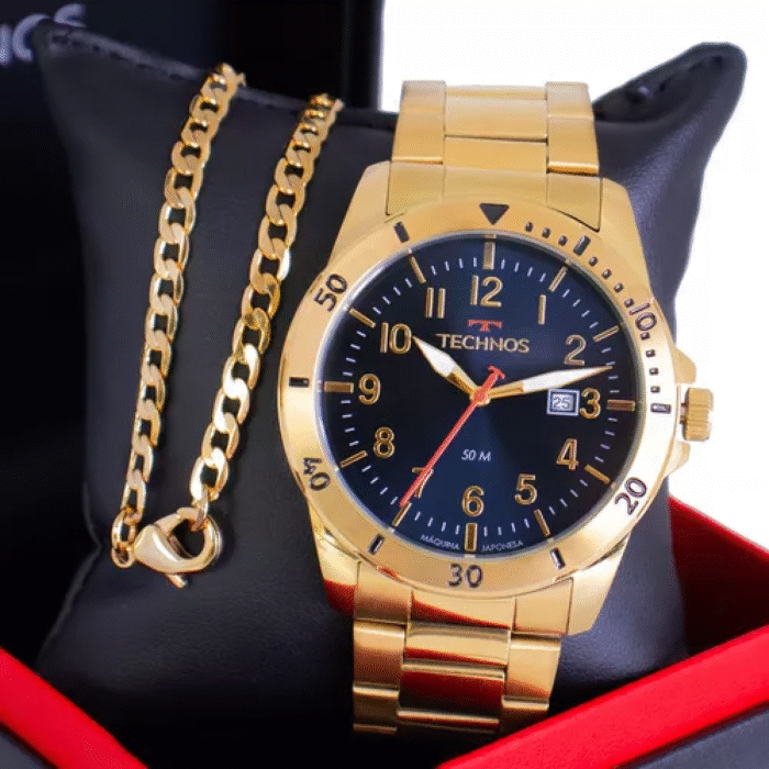Oferta Relâmpago kit Relógio Technos Masculino Dourado Luxo + Pulseira - Imagem 3