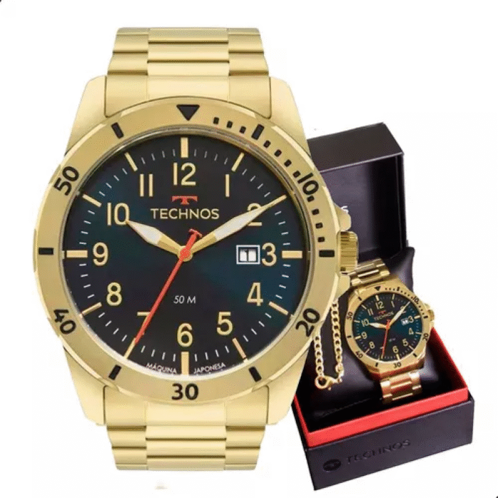Oferta Relâmpago kit Relógio Technos Masculino Dourado Luxo + Pulseira