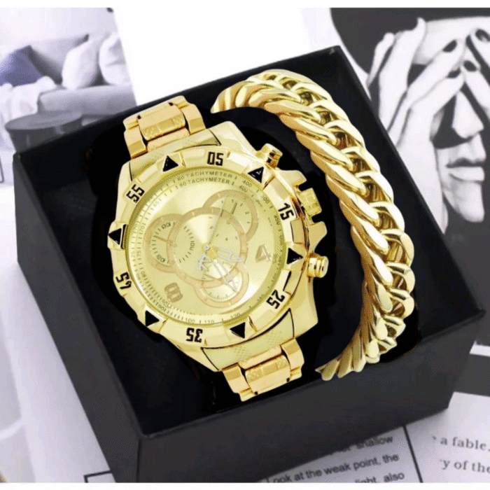Oferta Relâmpago Relógio Dourado masculino kit Relógio + pulseira dourada