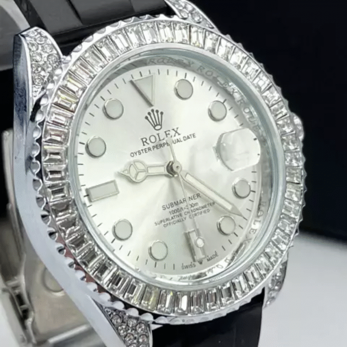 Submariner Cravejado com pedras de zircônia - prata e branco - Pulseira de borracha - À PROVA D'ÁGUA - cod65 - Imagem 3