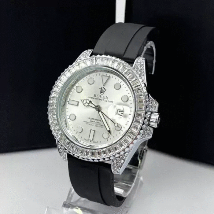Submariner Cravejado com pedras de zircônia - prata e branco - Pulseira de borracha - À PROVA D'ÁGUA - cod65 - Imagem 4