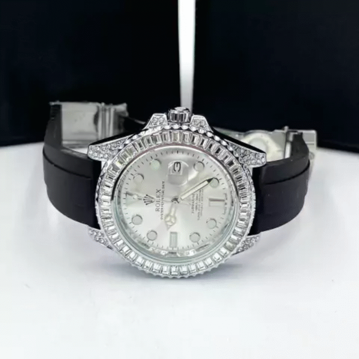 Submariner Cravejado com pedras de zircônia - prata e branco - Pulseira de borracha - À PROVA D'ÁGUA - cod65 - Imagem 5
