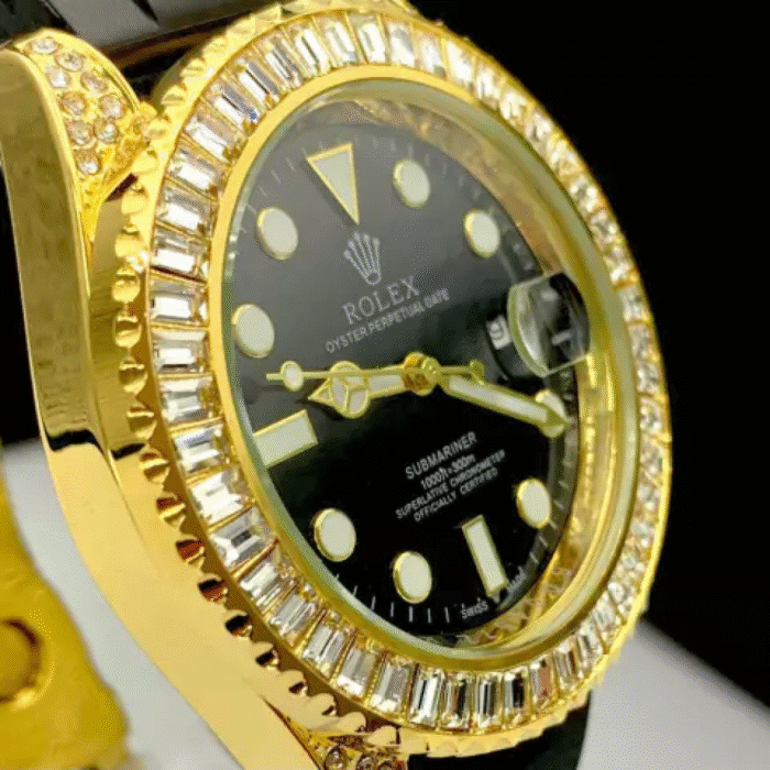 Submariner Cravejado com pedras de zircônia - preto e branco - Pulseira de borracha - À PROVA D'ÁGUA - Imagem 3