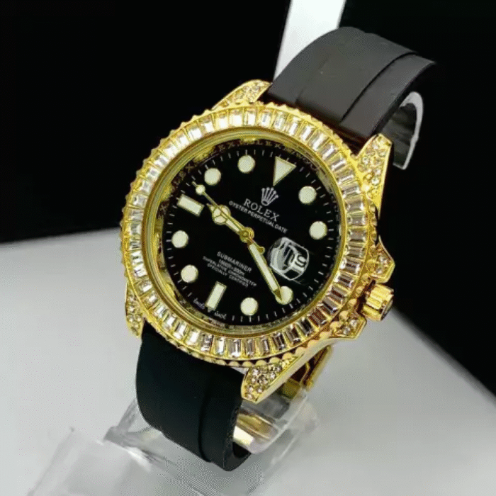 Submariner Cravejado com pedras de zircônia - preto e branco - Pulseira de borracha - À PROVA D'ÁGUA - Imagem 4