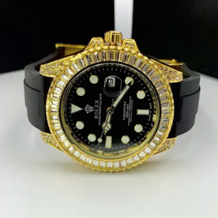 Submariner Cravejado com pedras de zircônia - preto e branco - Pulseira de borracha - À PROVA D'ÁGUA - Imagem 5